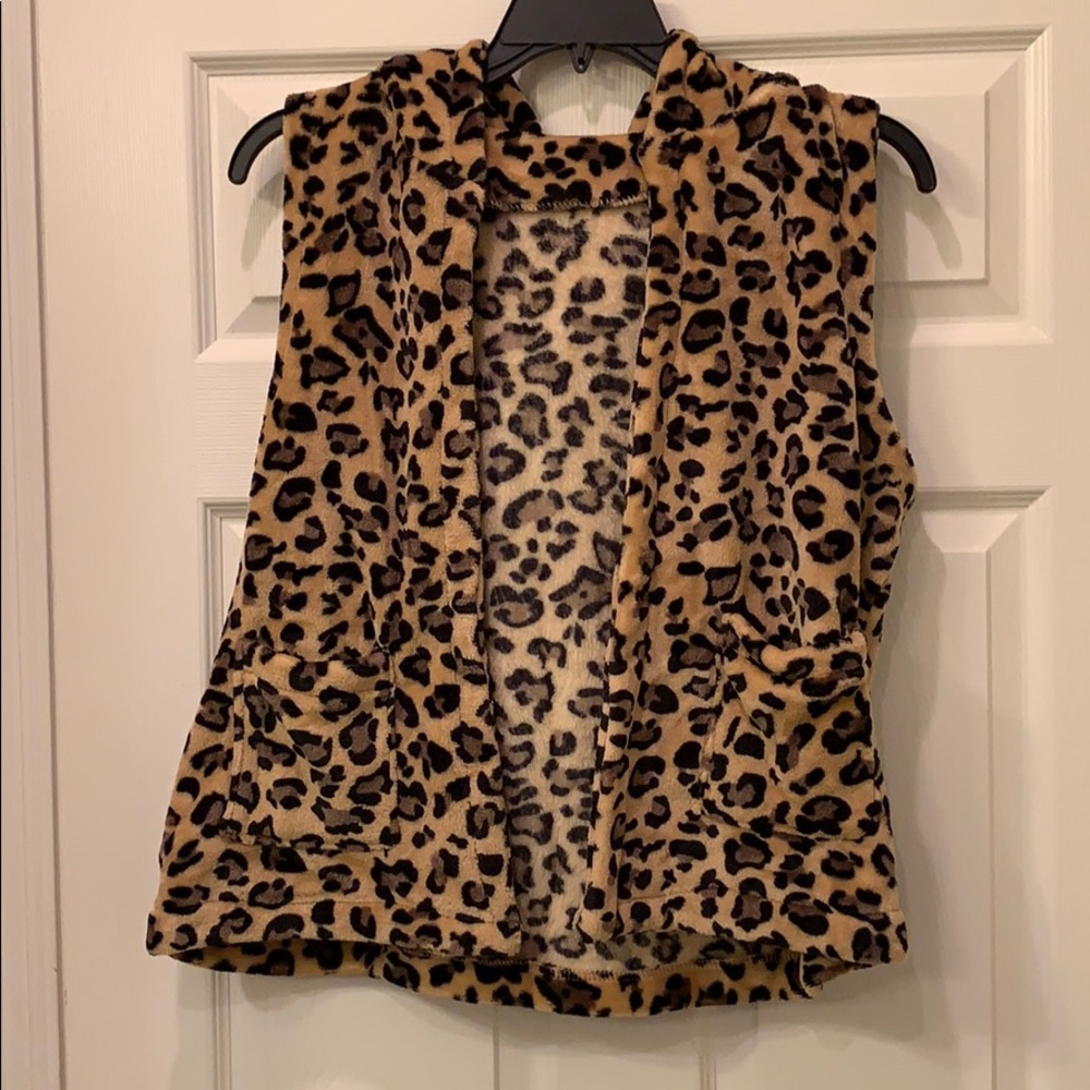 Hooded Sleeveless Leopard Print Faux Fur Vest